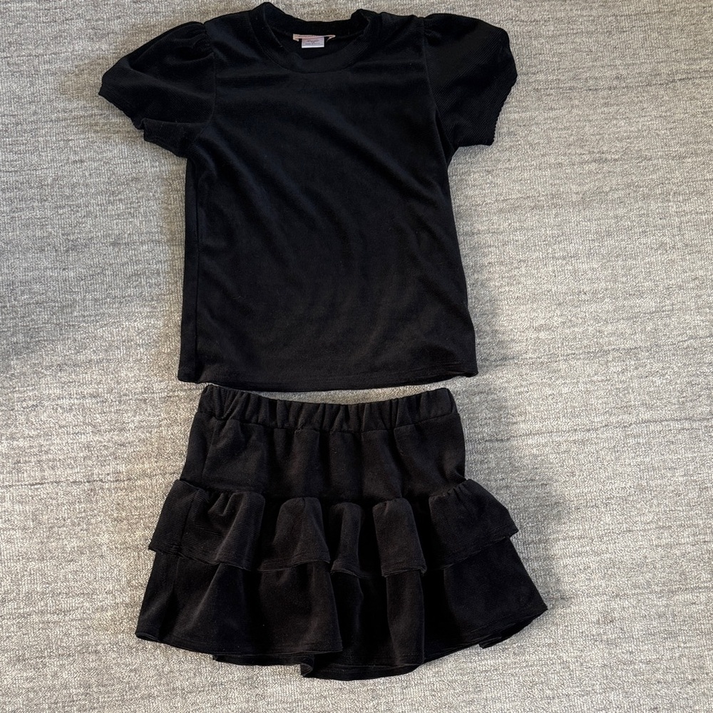 Tween Style By Stooper Velour Black Puff Sleeve Top and Ruffle Skirt Set
